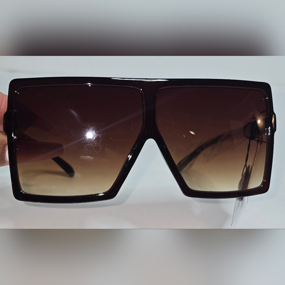Fashion Oversized Square Brimmed Flat Large Sunglasses Women Glossy Brown - Picture 2 of 4